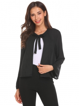

Black Flare Sleeve Lace Up Split Front Solid Casual Chiffon Cropped Jacket, Multicolor