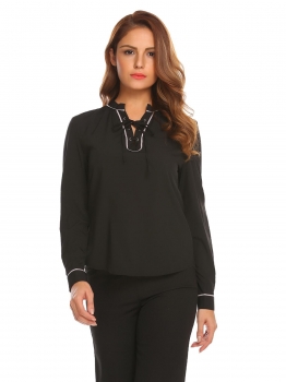 

Black Women Fashion Lace-Up V-Neck Long Sleeve Solid Pullover blouse, Multicolor