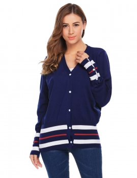 

Navy blue Women's V-Neck Long Sleeve Striped Button Down Knit Cardigan Sweater, Multicolor