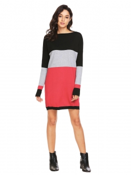 

Grey Long Sleeve Knitting Patchwork Loose Pullover Knitted Sweater Dress, Multicolor