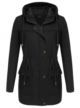 

Black Women Hooded Long Sleeve Zip-up Cotton Padded Coat, Multicolor