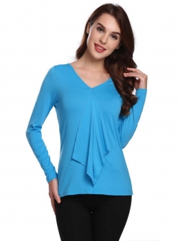 

Blue Women Casual V-Neck Long Sleeve Solid Front Ruffle Pullover Slim Sexy Blouse T-shirt Tops, Multicolor