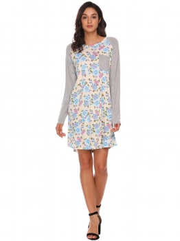 

Apricot Women Long Sleeve Floral Shift Above Knee Pocket Loose Casual Dress, Multicolor