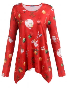 

Red O-Neck Long Sleeve Christmas Print Asymmetrical T-Shirt Casual Top, Multicolor