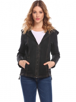 

Black Women's Hooded Long Sleeve Zip Up Slim Fit Denim Jacket w" Pocket, Multicolor