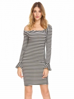 

Black Women Casual Oblique Collar Cold One Shoulder Flare Sleeve Package Hip Casual Dress, Multicolor
