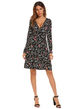 

Black V-Neck Long Sleeve Split Floral Print Faux Wrap A-Line Casual Dress With Belt, Multicolor