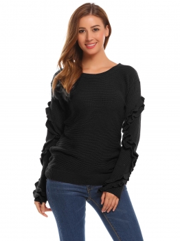 

Black Women O-Neck Ruffles Décor Long Sleeve Solid Casual Pullover Sweater, Multicolor