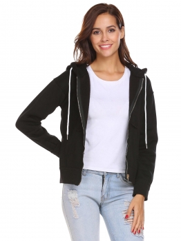 

Black Women Long Sleeve Slit Hem Drawstring Hooded Jacket Zip-Up Fleece Hoodie, Multicolor