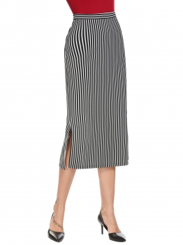 

Black white Women Casual High Waist Back Zipper Package Hip Split Hem Striped Skirt, Multicolor