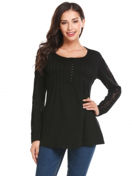 

Black Women Casual Henley Lace Long Sleeve O Neck Tunic Top, Multicolor
