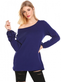 

Blue O Neck Solid Loose Fit Lantern Sleeve Casual Top, Multicolor
