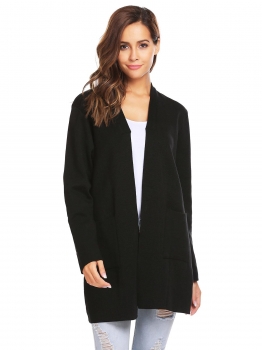 

Black Long Sleeve Knitting Front Open Long Solid Coat With Pocket, Multicolor
