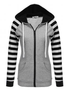 

Black Drawstring Hooded Contrast Color Zip up Hoodie Jackets, Multicolor
