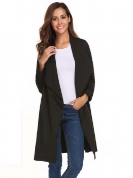 

Black Women Casual Turn-down Collar Long Sleeve Solid Trench Coat Outwear with Belt, Multicolor