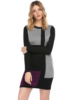 

Black Women Casual O-Neck Long Sleeve Patchwork Slim Bodycon Pencil Sweater Dress, Multicolor
