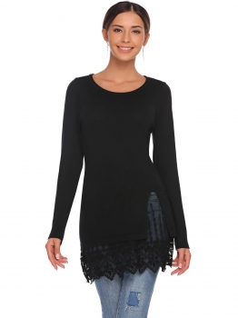 

Black Women Long Sleeve Lace Patchwork Solid Warm Pullover Sweatshirt, Multicolor