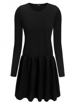 

Black Women Round Neck Long Sleeve Solid Drop Ruched Waist Irregular Hem Pleated Dress, Multicolor