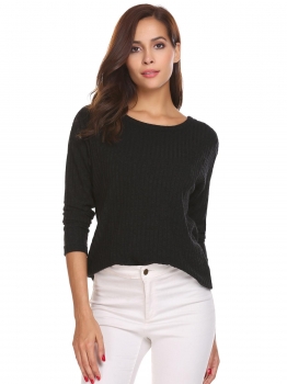 

Black Women Knitwear Asymmetrical Hem Pullover Round Neck Long Sleeve Sweater, Multicolor