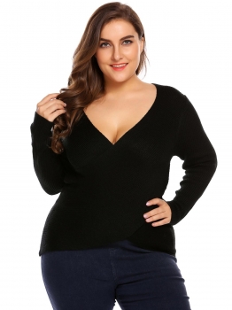 

Black Women Plus Size Cross Front Plunging V-neck Long Sleeve Pullover Sweater, Multicolor