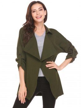 

Dark green Turn-down Collar Adjustable Sleeve Front Open Solid Loose Windbreaker Outwear Coat, Multicolor