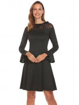 

Black Women Casual O-Neck Flare Sleeve Bow Tie Patchwork A-Line Pleated Causal Dress, Multicolor