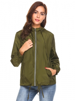 

Army green Women Lightweight Full Zip Drawstring Casual Waterproof Hooded Jacket, Multicolor