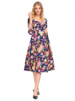

Blue Wrap Split V Neck Long Sleeve Lace High Waist Floral Swing Dress, Multicolor