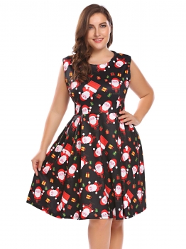 

Black Women Plus Size Christmas Xmas Printing Sleeveless Fit and Flare Party Cocktail Dress, Multicolor