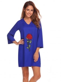 

Blue Women Casual V Neck Front Floral Embroidery Loose Mini Dress, Multicolor