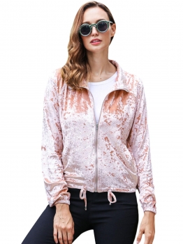 

Pink New Women Casual High Neck Drawstring Waist Long Sleeve Solid Lint Coat Jacket, Multicolor
