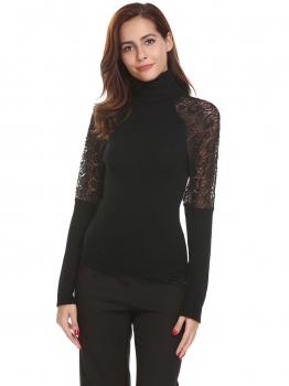 

Black Women Turtleneck Long Sleeve Lace Patchwork Slim Fit Thin Knit Sweater, Multicolor