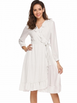 

White Women Casual V-Neck Lantern Sleeve Asymmetrical Hem A-Line Pleated Sexy Dress, Multicolor
