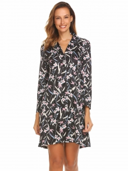 

Black white Women Casual Turn-down Collar Long Sleeve Button Prints A-Line Sexy Dress, Multicolor