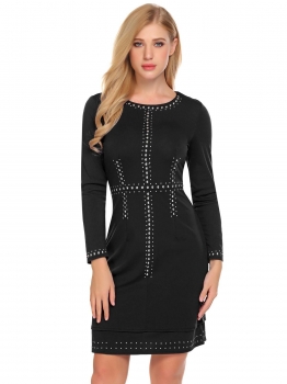 

Black Women Fashion O-Neck Long Sleeve Rivet Bodycon Slim Pencil Dress, Multicolor