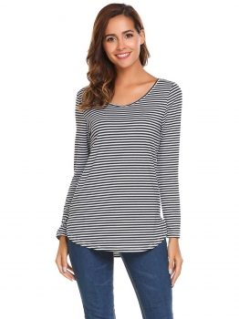 

Black white Long Sleeve V Neck Striped Loose Pullover Casual Top, Multicolor