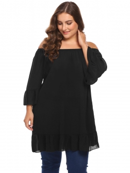 

Black Women Off Shoulder Flare Sleeve Casual Loose Fit Long Blouse Tops Plus Size, Multicolor