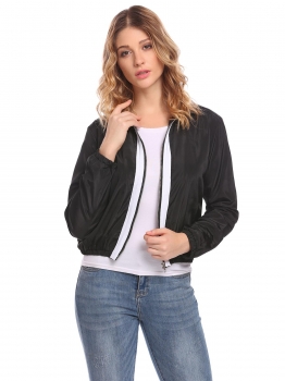 

Black Women Casual Stand Neck Long Sleeve Zipper Patchwork Lightweight Jacket, Multicolor