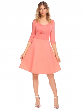 

Pink Women Fashion V-Neck 3"4 Sleeve Solid A-Line Dress, Multicolor