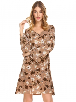 

Brown Women Casual V Neck Flare Long Sleeve Floral Printed Bohemia Style Loose Dress, Multicolor