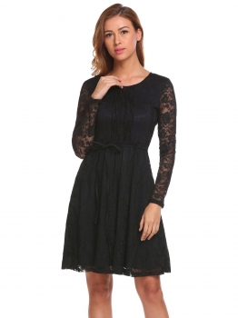 

Navy blue Women O-Neck Long Sleeve Pleated Tie Up Floral Lace Casual Mini Dress, Multicolor