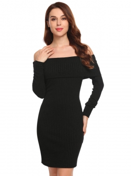 

Black Women Off Shoulder Fold-Over Long Sleeve Ribbed Knit Pencil Sweater Dress, Multicolor