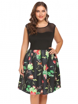 

Green Women Plus Size Vintage Style Sleeveless Floral Patchwork Cocktail Party Dress, Multicolor