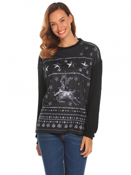 

Black Women Christma Xmas Casual Long Sleeve Rheindeer Print Pullover Sweatshirt, Multicolor