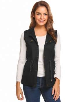 

Black Women Stand Collar Button Down Drawstring Waist Casual Military Vest, Multicolor