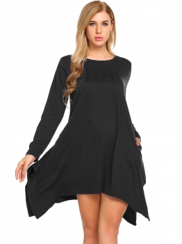 

Black Long Sleeve Pleated Placket Irregular Loose Casual Dress With Pocket, Multicolor