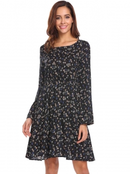 

Black Women O-Neck Long Sleeve Floral Print Casual Dress, Multicolor