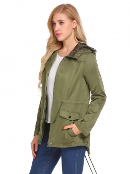 

Army green Women Casual Hooded Long Sleeve Solid Waist Drawstring Split Hem Windbreaker Outwear, Multicolor