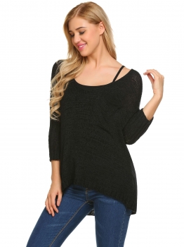 

Black V-Neck 3"4 Sleeve Solid Casual Loose Knit Pullover Sweater with Pocket, Multicolor