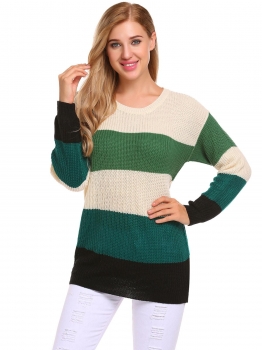 

Green O-Neck Long Sleeve Striped Loose Knit Sweater, Multicolor